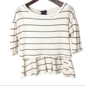 Anthro•Postmark• stripe 3/4 sleeve peplum ribbon closure top extra small